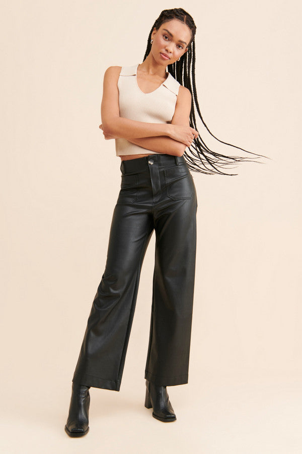 ANTHROPOLOGIE MAEVE THE COLETTE WIDE LEG VEGAN LEATHER BLACK PANTS SIZE 27 TALL