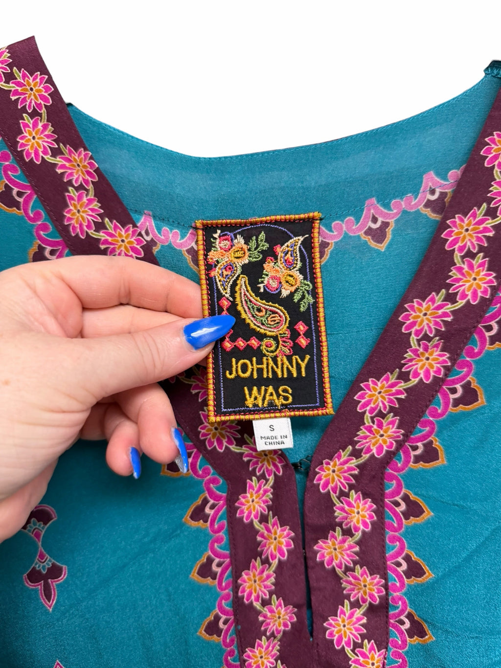 JOHNNY WAS JUDITH SILK PAISLEY PRINT TEAL MAXI DRESS SIZE SMALL