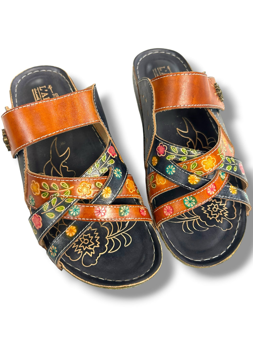 NIB L'ARTISTE SPRING STEP LEIGH FLORAL MULTI STRAPPY SLIDE SANDALS SIZE 40
