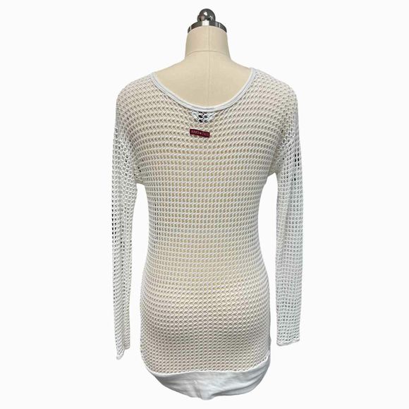 HARD TAIL FOREVER MESH YOGA LONG SLEEVE WHITE TUNIC TOP SIZE M