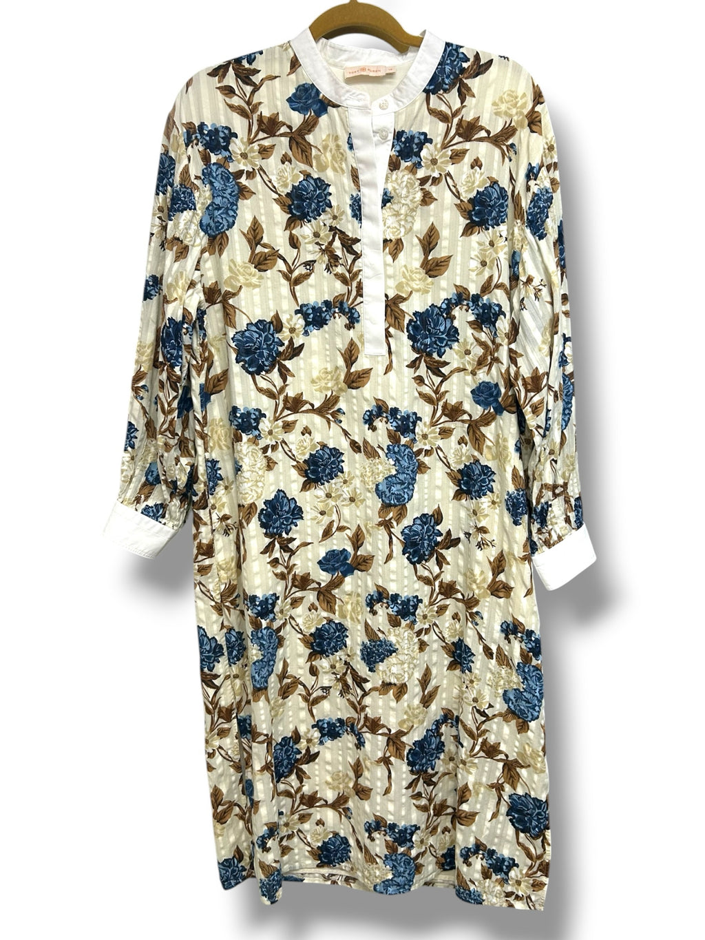TORY BURCH FLORAL TUNIC COTTON BLUE CREAM MIDI DRESS SIZE LARGE *NO BELT*
