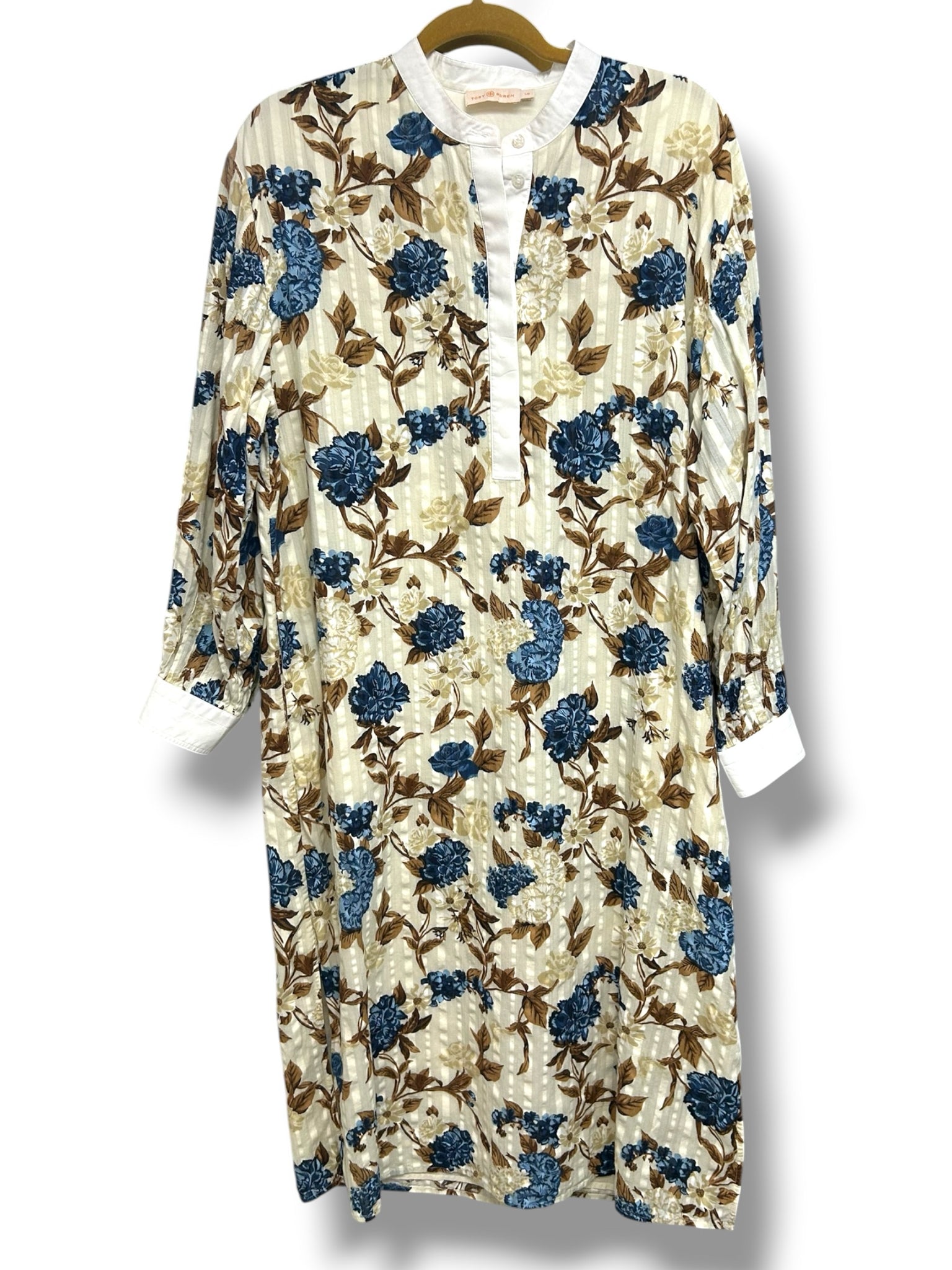 TORY BURCH FLORAL TUNIC COTTON BLUE CREAM MIDI DRESS SIZE LARGE *NO BELT*