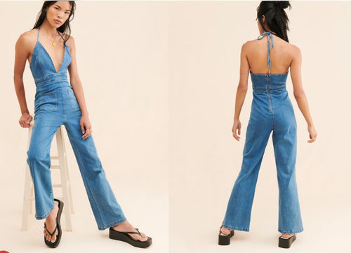BARDOT LINA FLARE DENIM HALTER JUMPSUIT SIZE: 4