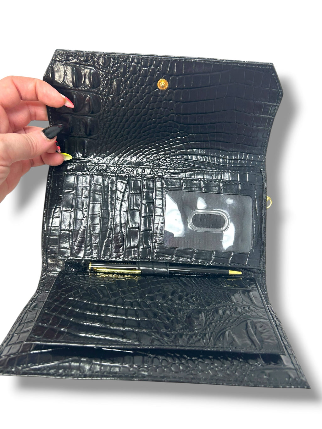 BRAHMIN CORDELIA BLACK CROC EMBOSSED FOLD OVER WALLET IN BLACK MELBOURNE