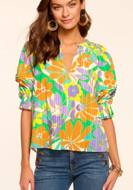 RAMY BROOK TRIXIE PUFF SLEEVE RETRO GARDEN PRINT TOP SIZE MEDIUM