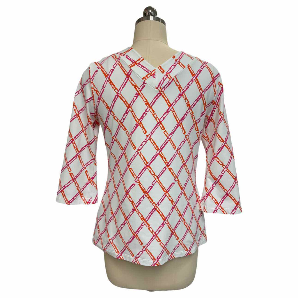 MCLAUGHLIN CATALINA CLOTH BAMBOO LATTICE PRINT 3/4 SLEEVE WHITE/PINK TOP SIZE XS