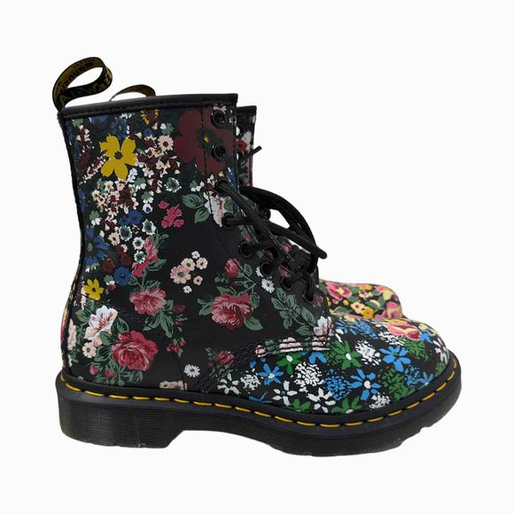 DR MARTENS NIB! PASCAL BLACK FLORAL MASH UP BOOTS SIZE 7