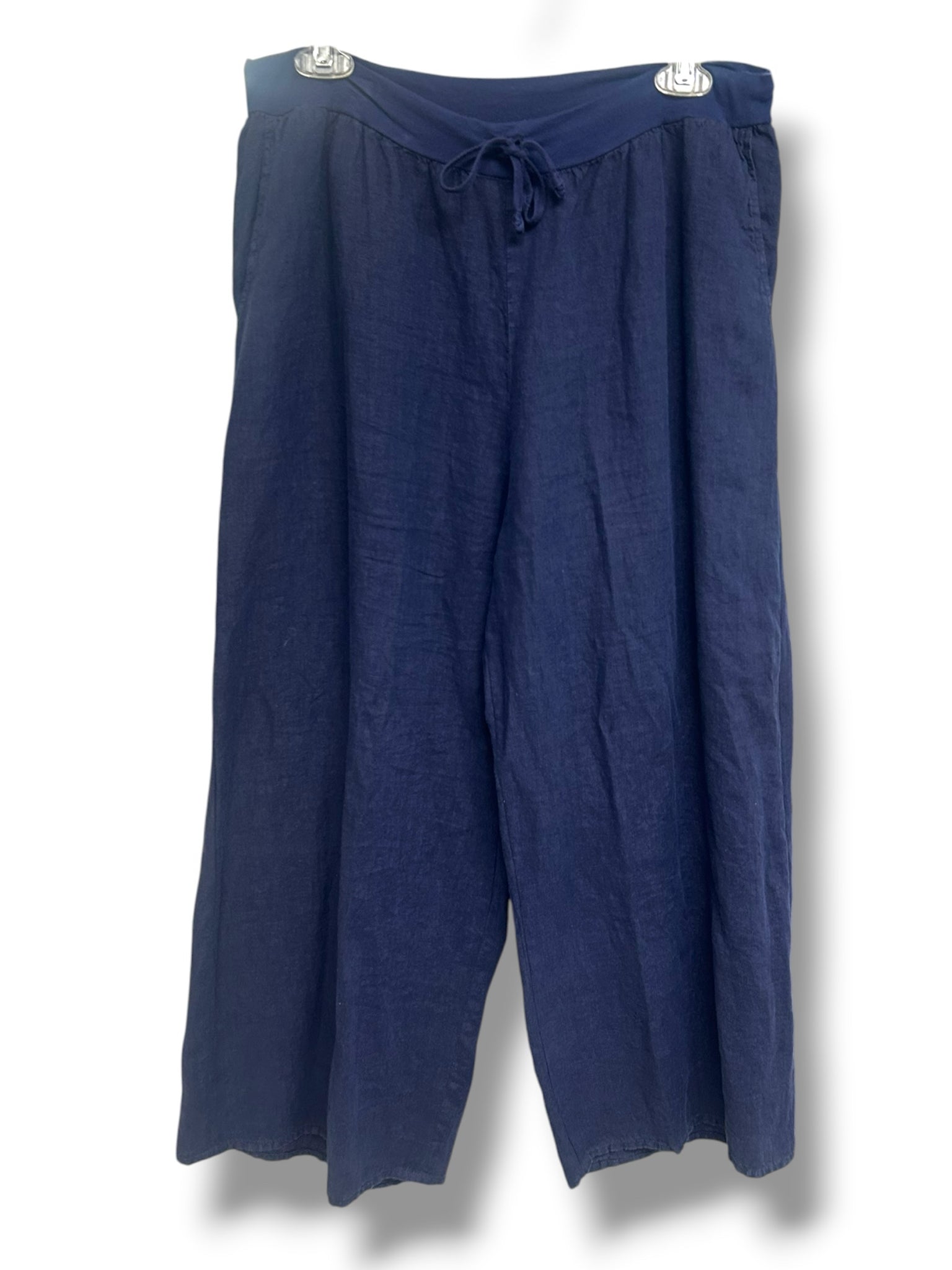 FLAX NAVY BLUE LINEN WIDE LEG LAGENLOOK PULL ON PANTS SIZE MEDIUM