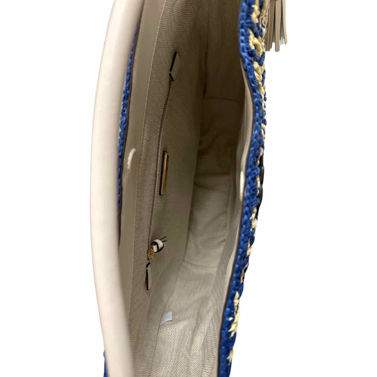TORY BURCH BLUE/CREAM THEA STRAW BUCKET BAG