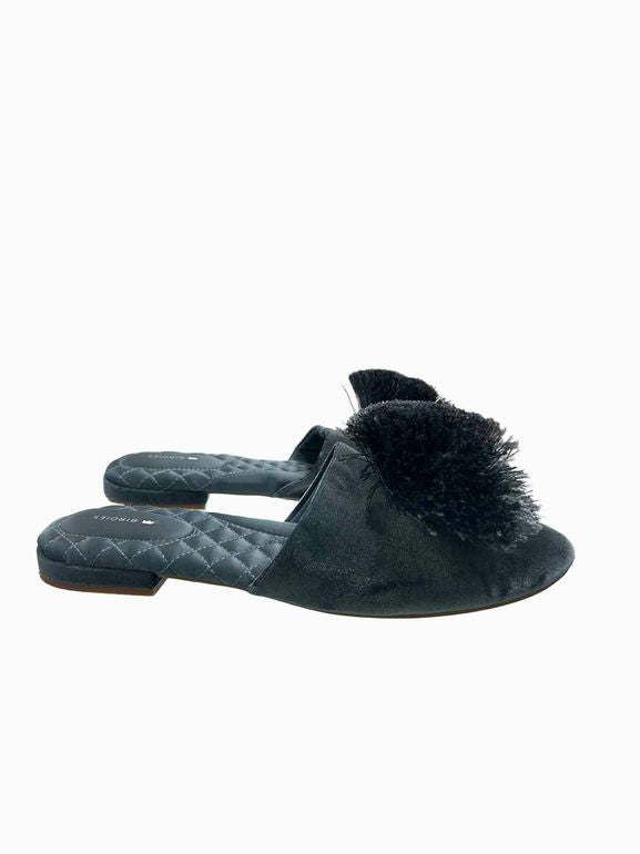 BIRDIES SONGBIRD VELVET POM POM MULES IN BLUE STEEL SIZE: 11