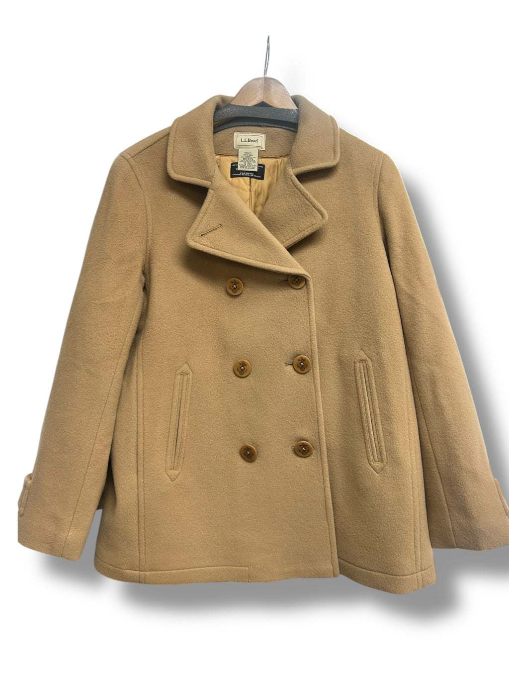 LL BEAN  NEW LAMBS WOOL DOUBLE BREASTED PEA COAT TAN SIZE 12