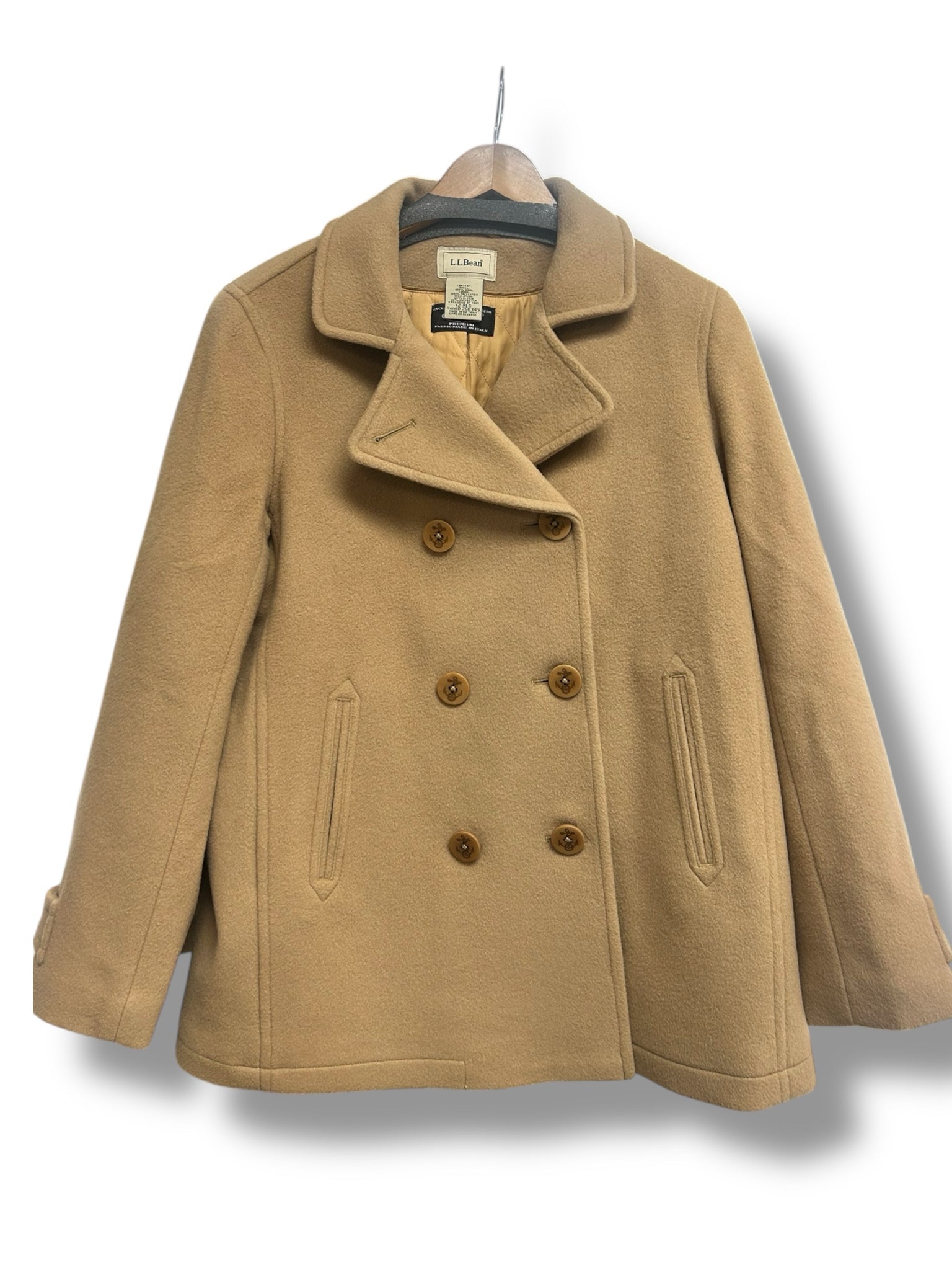 LL BEAN  NEW LAMBS WOOL DOUBLE BREASTED PEA COAT TAN SIZE 12