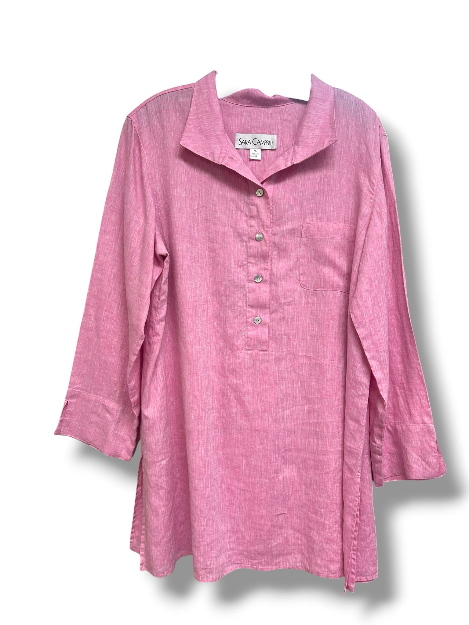 SARA CAMPBELL PINK LINEN SPLIT HEM POPOVER BLOUSE SIZE XL