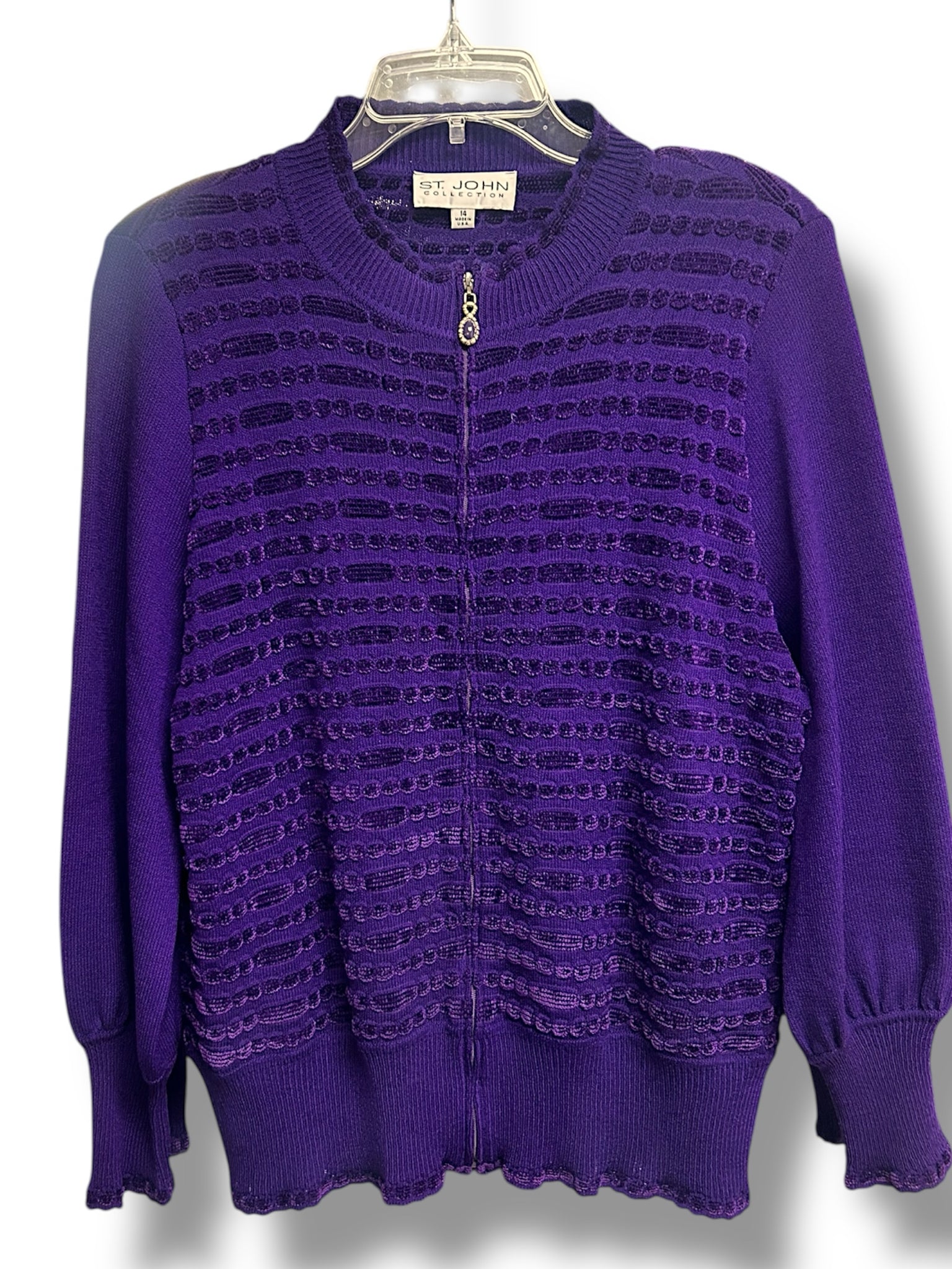 ST JOHN SANTANA KNIT CHENILLE DETAIL FULL ZIP PURPLE SIZE 14