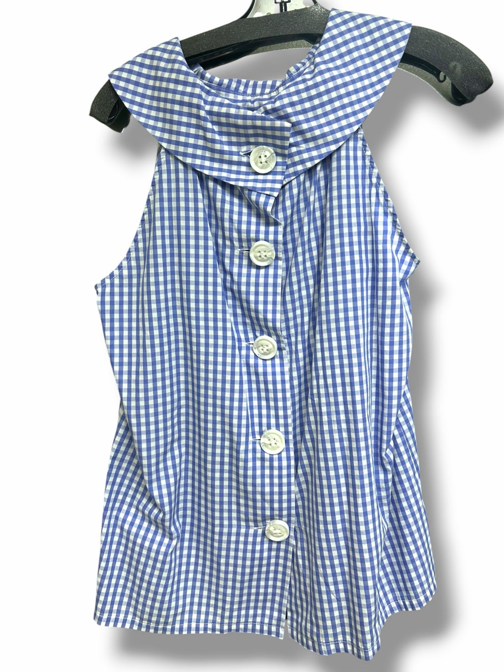 SARA CAMPBELL BLUE GINGHAM PETER PAN COLLAR SLEEVELESS BUTTON BACK BLOUSE SIZE L