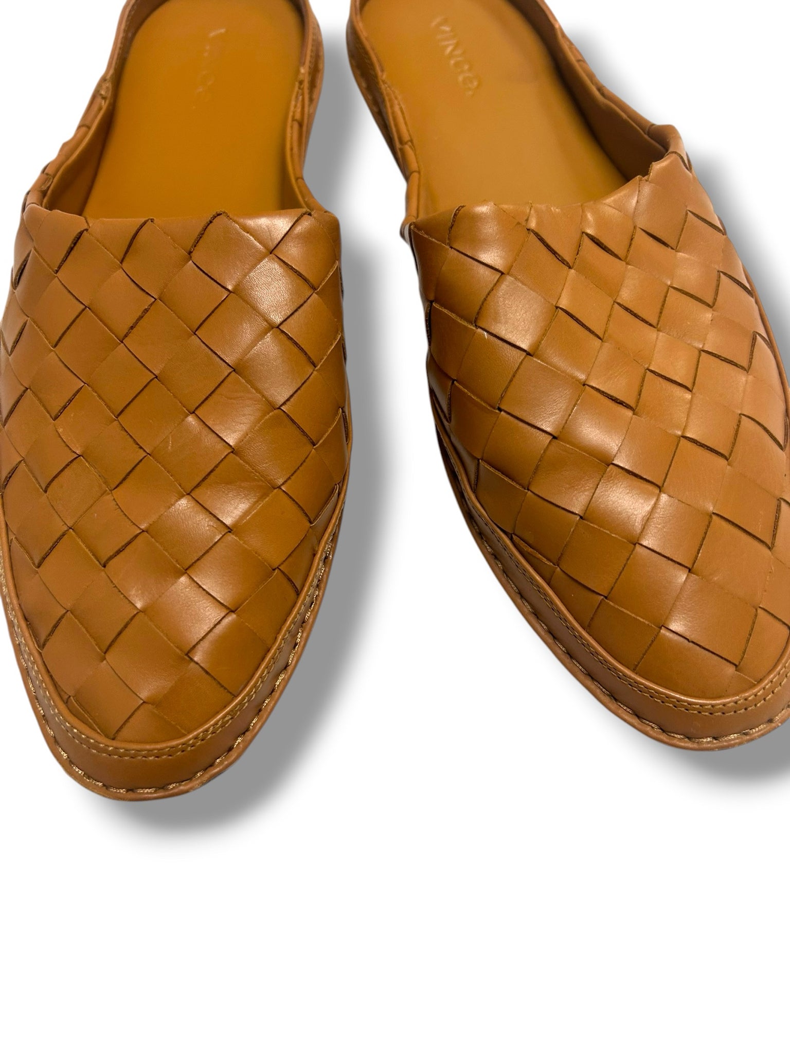 WOMEN'S VINCE FREEMAN WOVEN  TAN LEATHER SLIP ON MULE SIZE 8.5