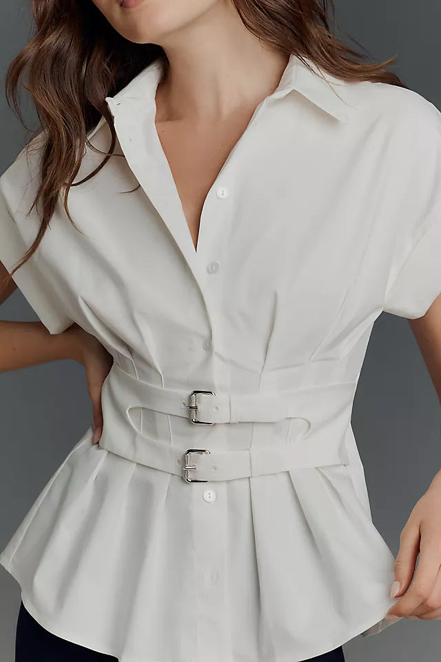 ANTHROPOLOGIE EXQUISE TOBIE PLEATED DOUBLE BUCKLE WHITE TOP SIZE XL