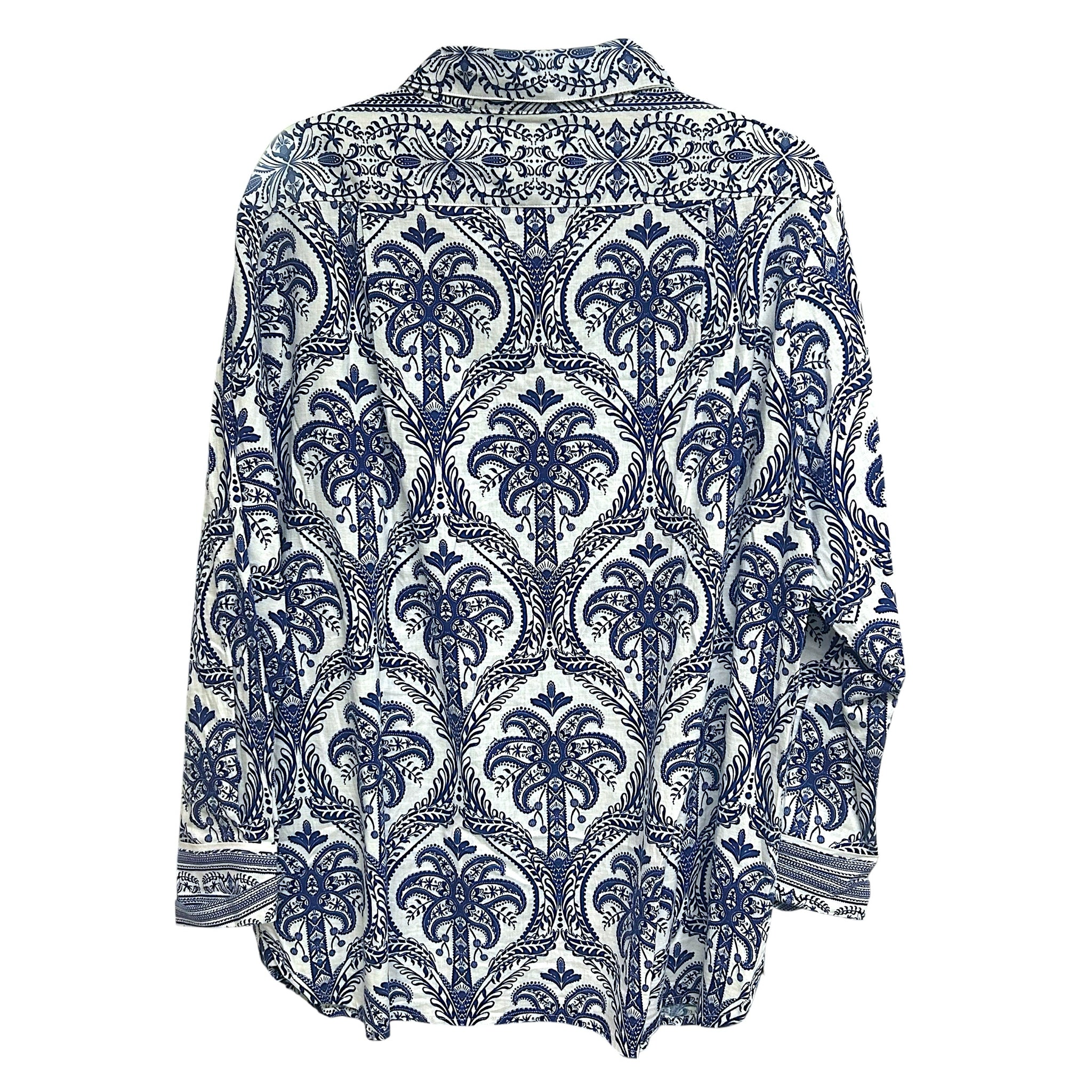 FARM RIO TROPICAL PRINT BLUE WHITE LINEN BLEND BUTTON UP TOP SIZE XL