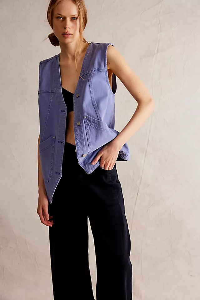 WE THE FREE VALERIE BLUE  LINEN OVERSIZED VEST SIZE SMALL