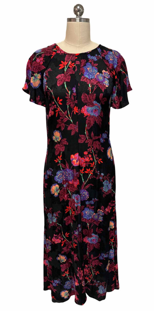 REISS LENI FLORAL FLUTTER-SLV MIDI BLACK FLORAL DRESS SIZE M