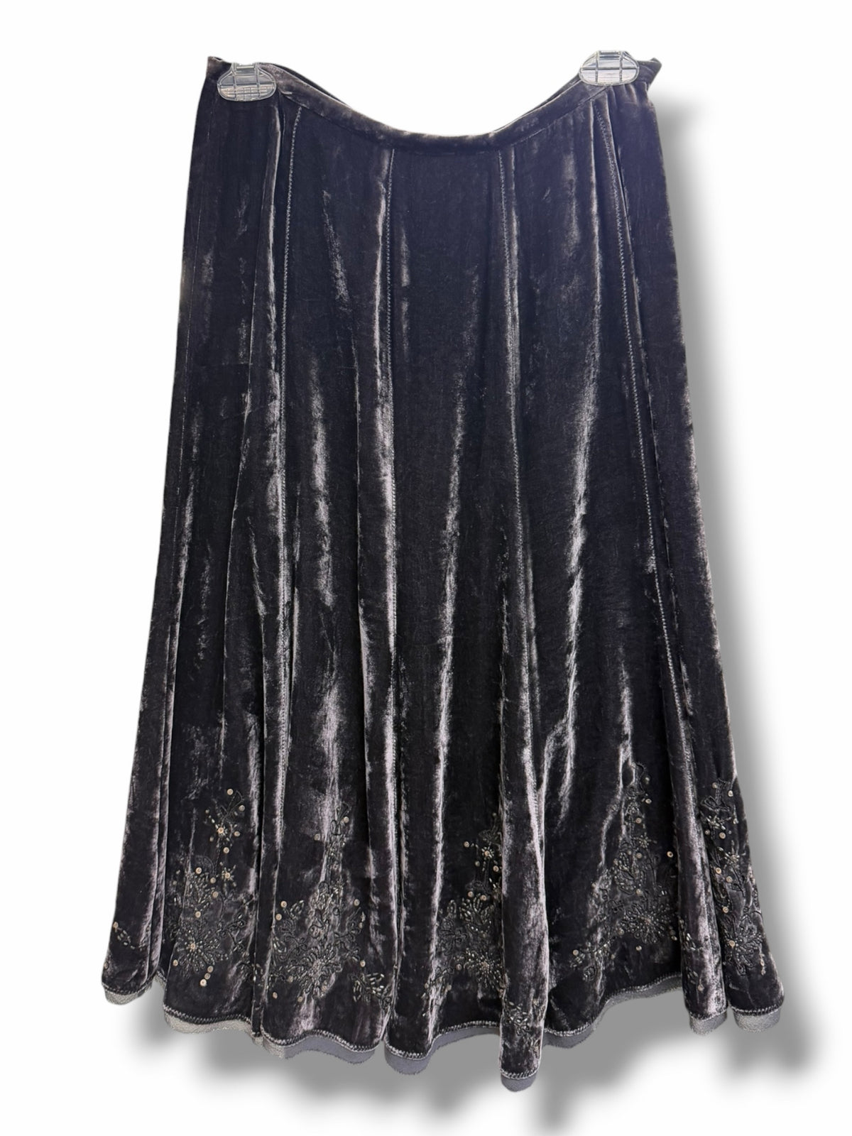 NWT GERARD DAREL CRUSHED VELVET SILK LINED BEADED GRAY MIDI SKIRT SIZE 38 US XS