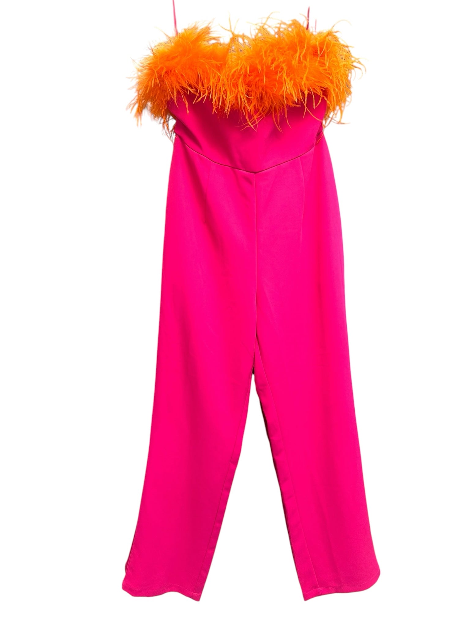 NWT NASY GAL BANDEAU FEATHER TRIM PINK ORANGE JUMPSUIT SIZE 6