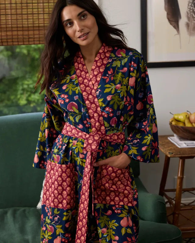 ANTHROPOLOGIE PRINTFRESH ORGANIC COTTON FRUIT AND FLORAL BELTED ROBE SIZE L/XL