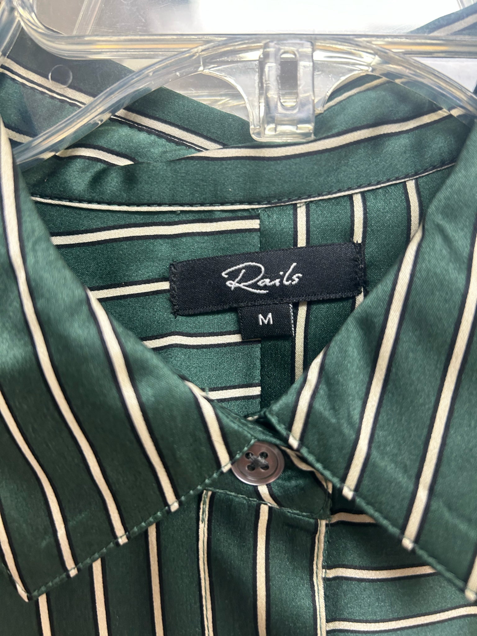 RAILS SPENCER SILK SHIRT IN FOREST STRIPE GREEN STRIPE BUTTON UP SIZE MEDIUM