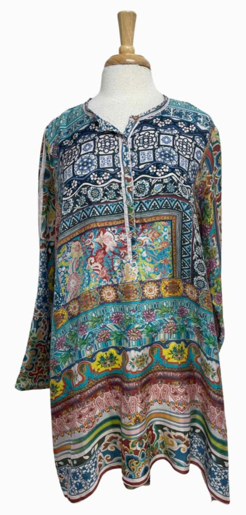 JOHNNY WAS 100% SILK MULTI PRINT MULTI-COLOR TUNIC TOP SIZE L