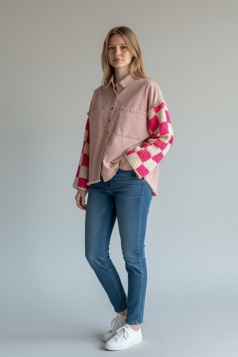 ANTHROPOLOGIE POL PINK CROCHET CHECKER SLEEVE SHACKET SIZE SMALL