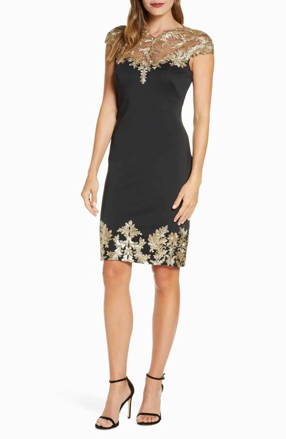 TADASHI SHOJI VEATA NEOPRENE EMBROIDERED/SEQUIN ILLUSION COCKTAIL SIZE: S