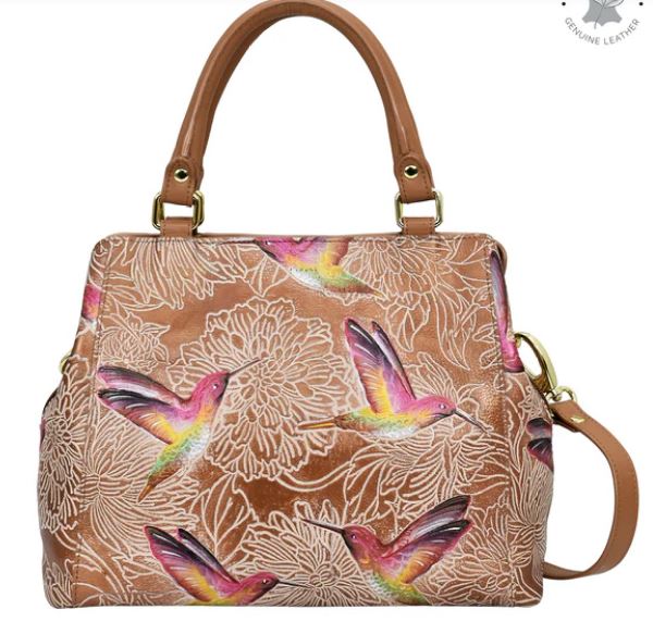 ANUSCHKA MULTI COMPARTMENT SATCHEL TOOLED BIRDS TAN