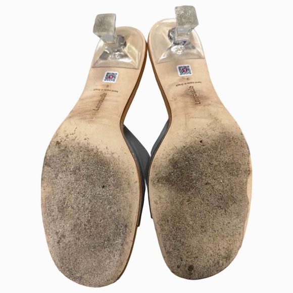 LAURROUDE VIVI LUCITE MULE IN TAN LEATHER AND VINYL SIZE 9