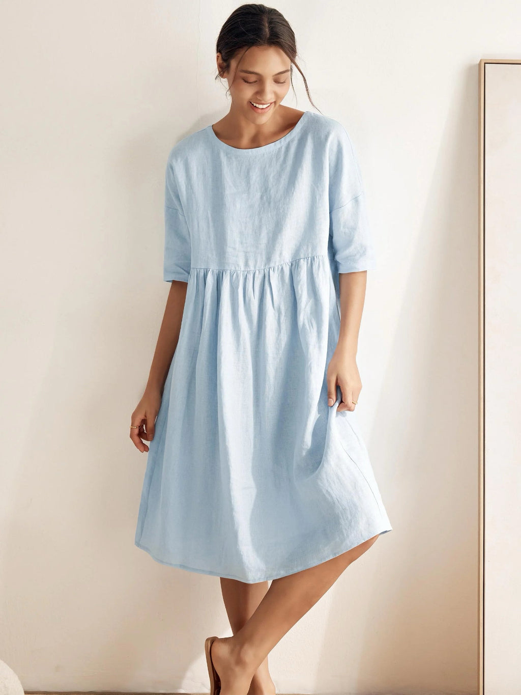 NWT LINTICO VALENCIA 100% LINEN BABY BLUE MIDI SHIFT DRESS SIZE LARGE