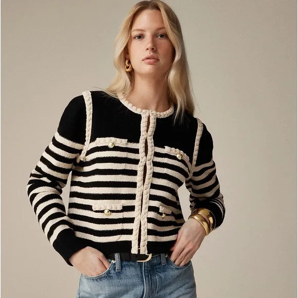 NWT JCREW ODETTE LADY SWEATER BLACK CREAM KNIT CARDIGAN SIZE LARGE