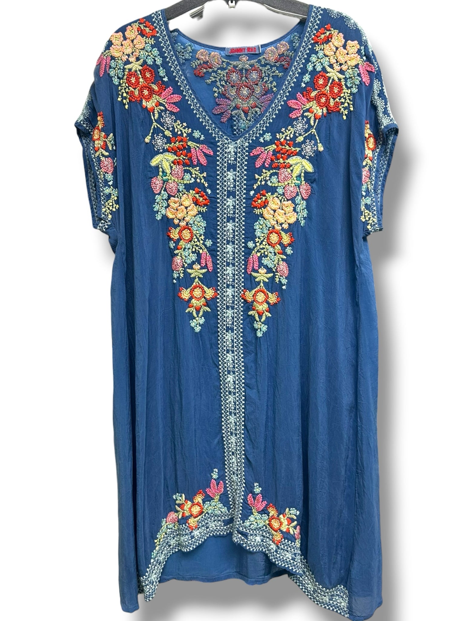JOHNNY WAS HEIDI EMBROIDERED BLUE V NECK TUNIC DRESS SIZE LARGE