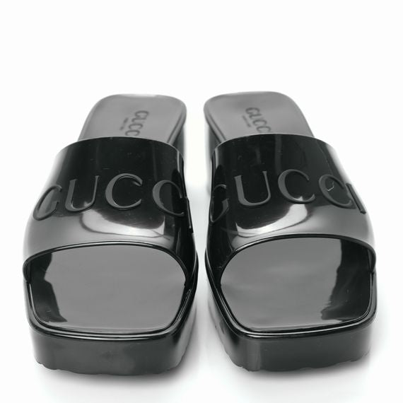 GUCCI RUBBER GUCCY LOGO PLATFORM 20/60MM SLIDE BLACK SANDALS SIZE 7