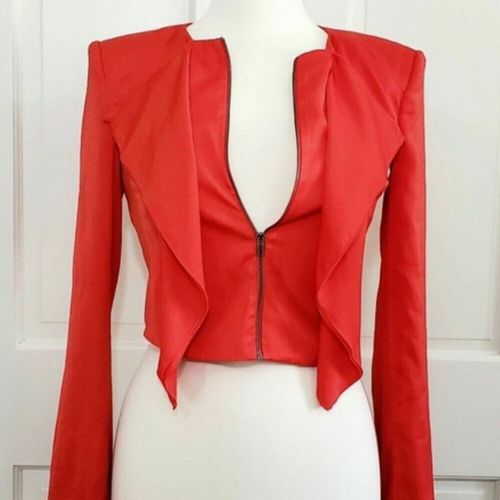 BCBG MAXAZRIA PRESTON RUFFLED FULL ZIP RED JACKET SIZE L WEARHOUSE CONSIGNMENT