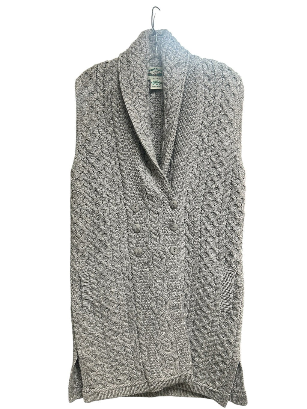 ARAN CRAFTS MERINO WOOL CABLE KNIT DOUBLE BREASTED LONG VEST SIZE MEDIUM