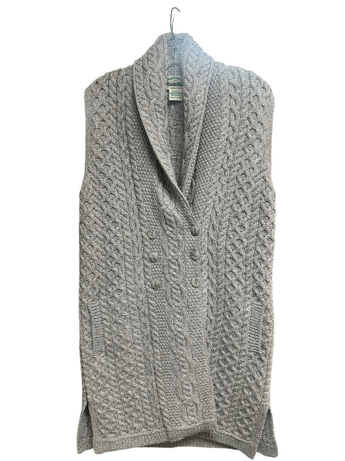 ARAN CRAFTS MERINO WOOL CABLE KNIT DOUBLE BREASTED LONG VEST SIZE MEDIUM