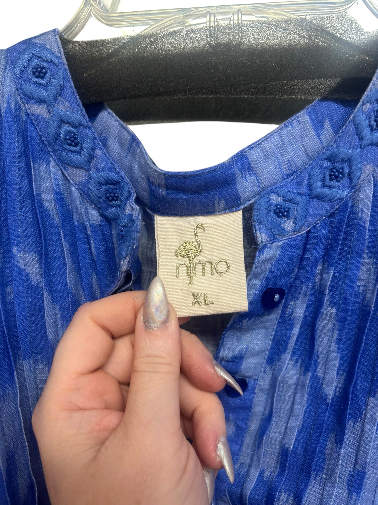 NIMO WITH LOVE BLUE EMBROIDERED LONG SLEEVE LINEN  KAFTAN DRESS SIZE XL