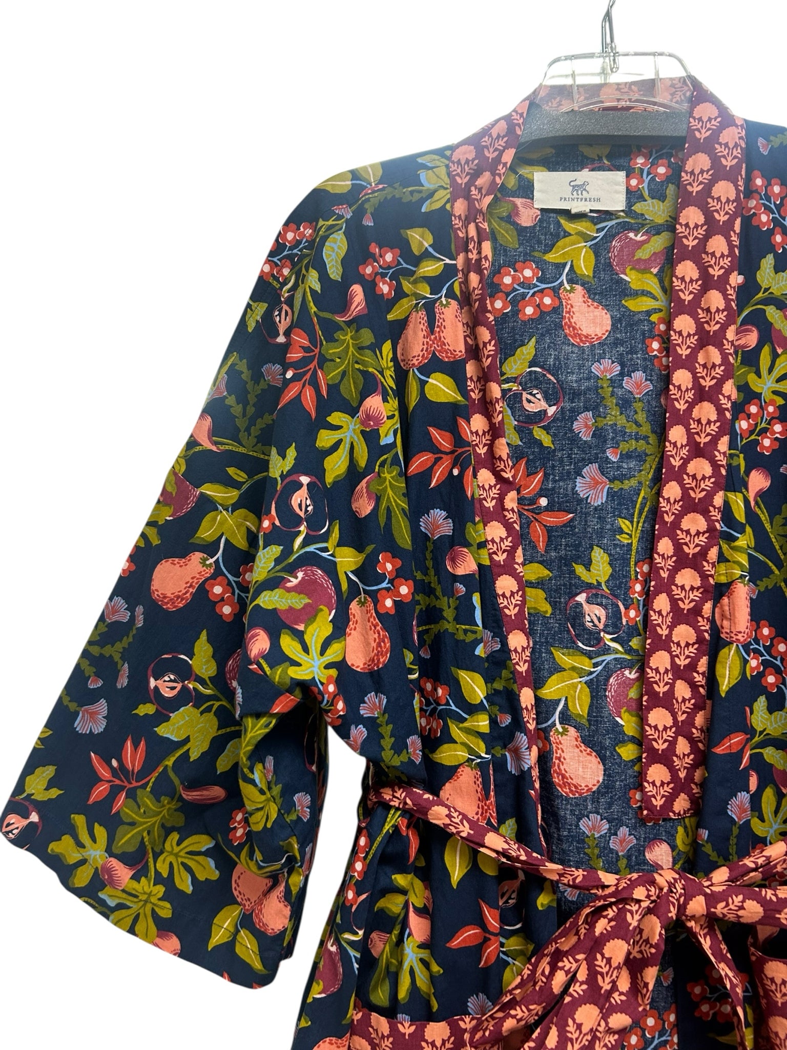ANTHROPOLOGIE PRINTFRESH ORGANIC COTTON FRUIT AND FLORAL BELTED ROBE SIZE L/XL