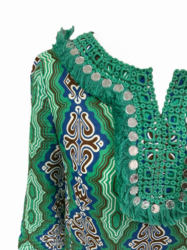 TORY BURCH STEPHANIE GREEN FRINGE MIRROR COTTON TUNIC TOP SIZE4