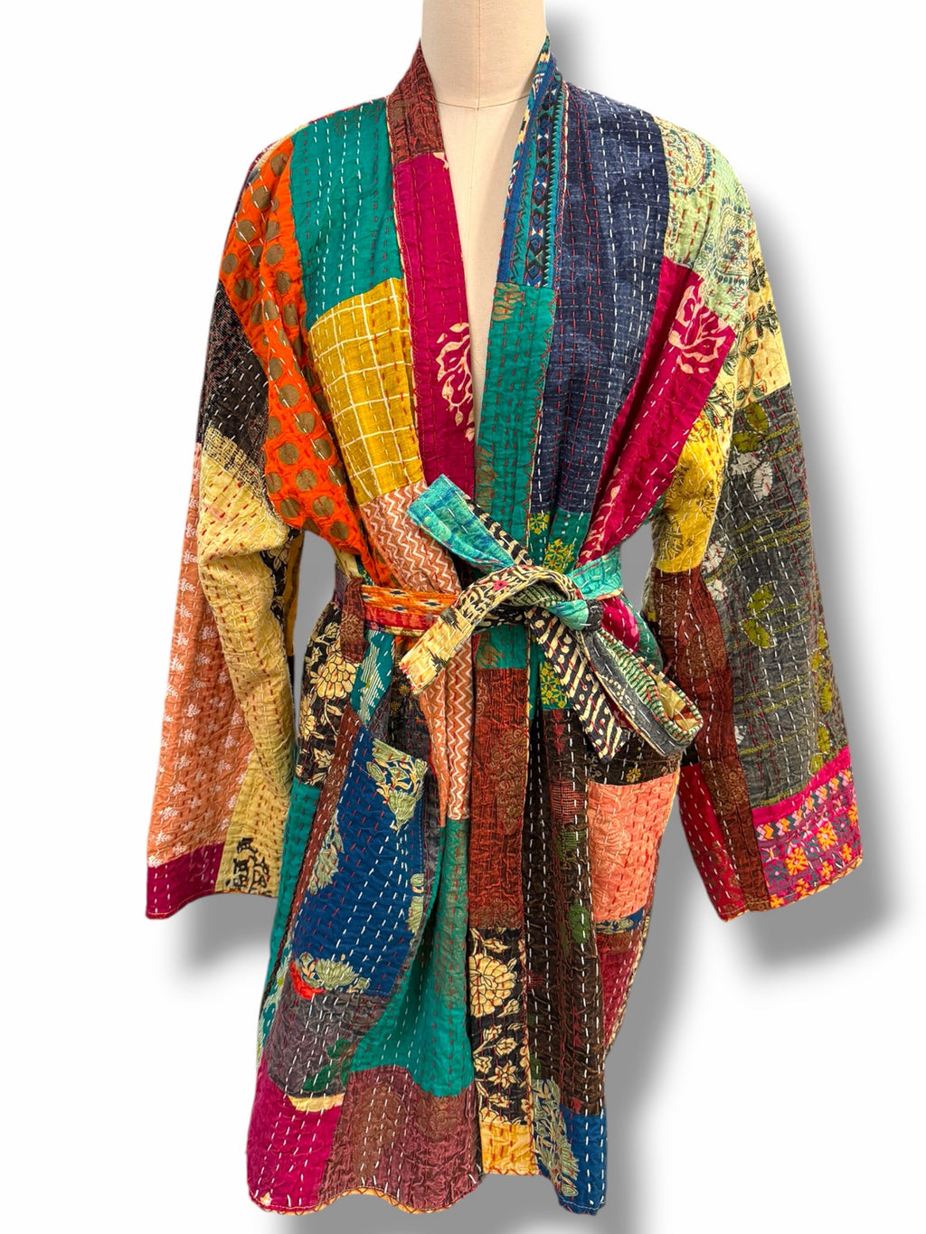 KANTHA UPCYCLED PATCHWORK CONTRAST STITCH BELTED KIMONO ONE SIZE