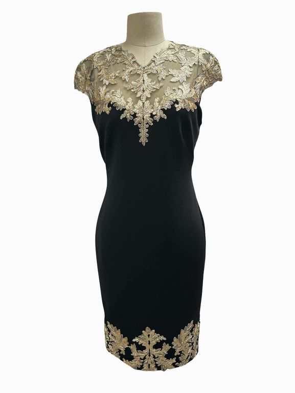 TADASHI SHOJI VEATA NEOPRENE EMBROIDERED/SEQUIN ILLUSION COCKTAIL SIZE: S