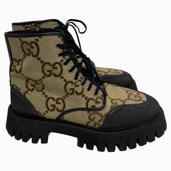 GUCCI GG CANVAS COMBAT BLACK LACE UP BOOT SIZE 7.5