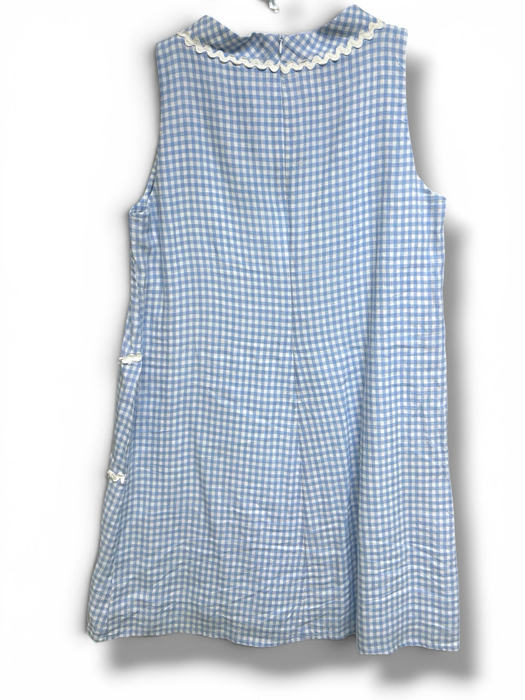 SARA CAMPBELL GINGHAM RIC-RAC TRIM LINEN BLUE WHITE MINI DRESS SIZE LARGE