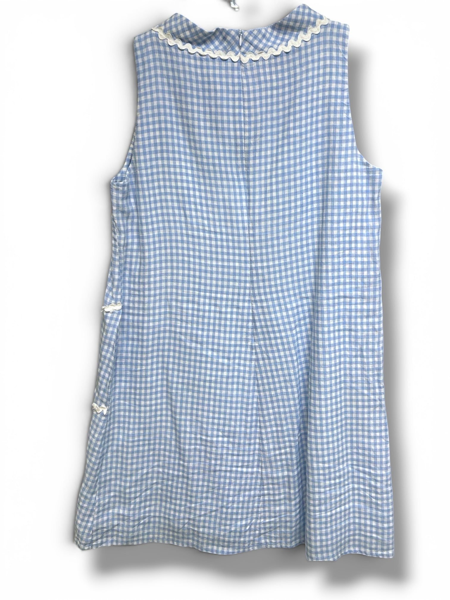 SARA CAMPBELL GINGHAM RIC-RAC TRIM LINEN BLUE WHITE MINI DRESS SIZE LARGE