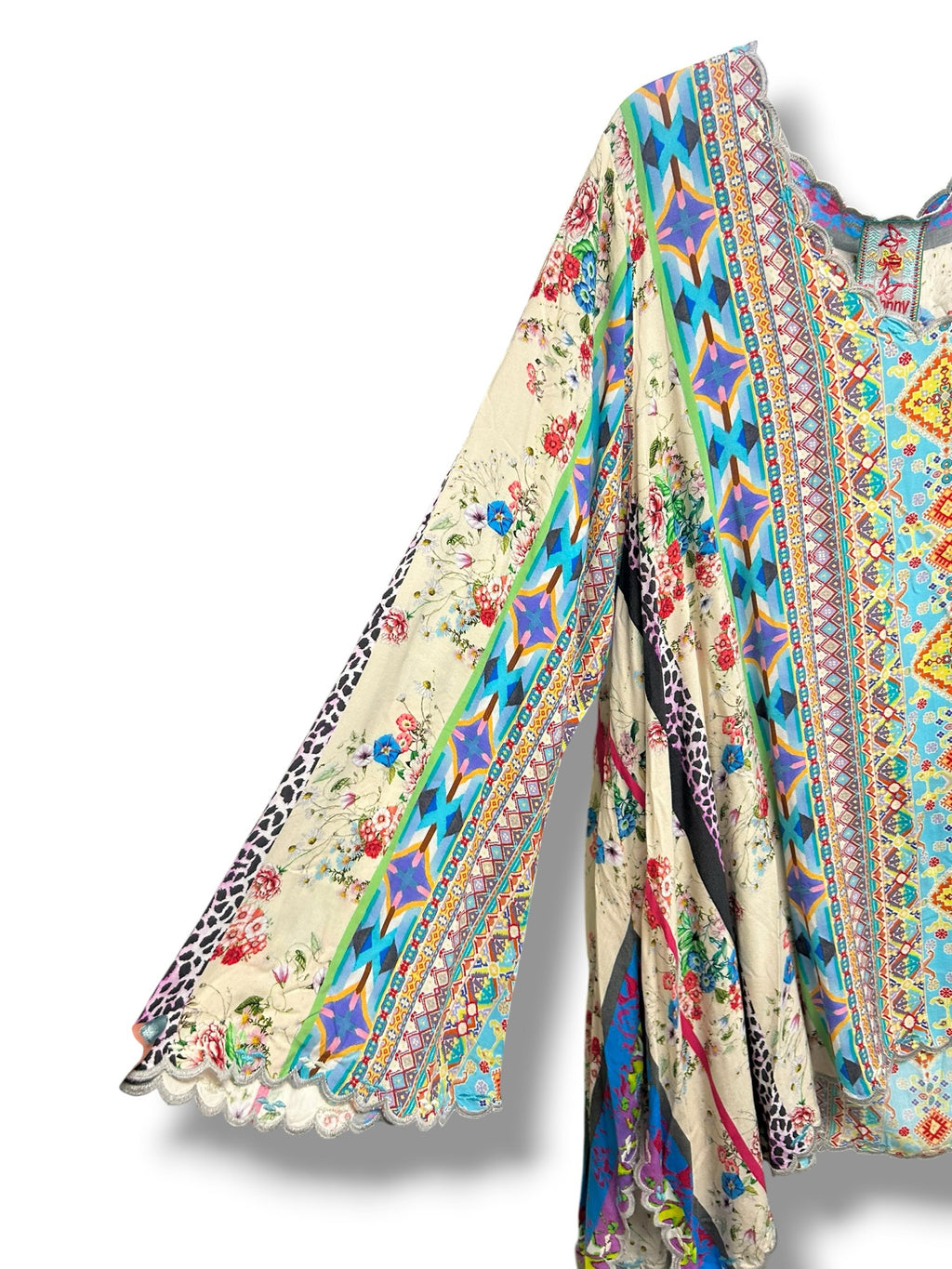 JOHNNY WAS STELLA FLARE SLEEVE BOHO MULTI PRINT BLOUSE SIZE XL