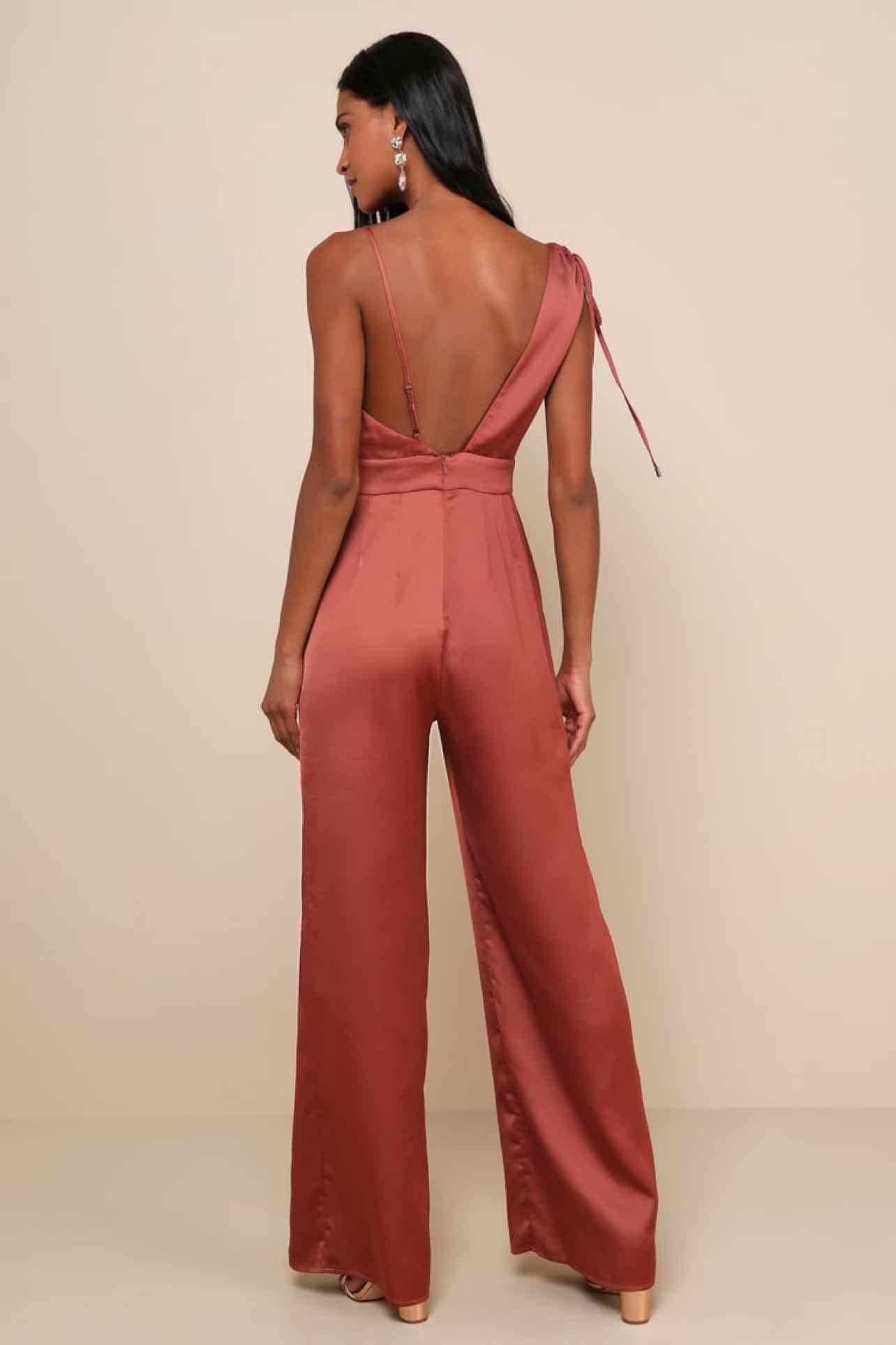 LULUS NWT SATIN WIDE LEG ONE SHOULDER JUMPSUIT SIZE: M